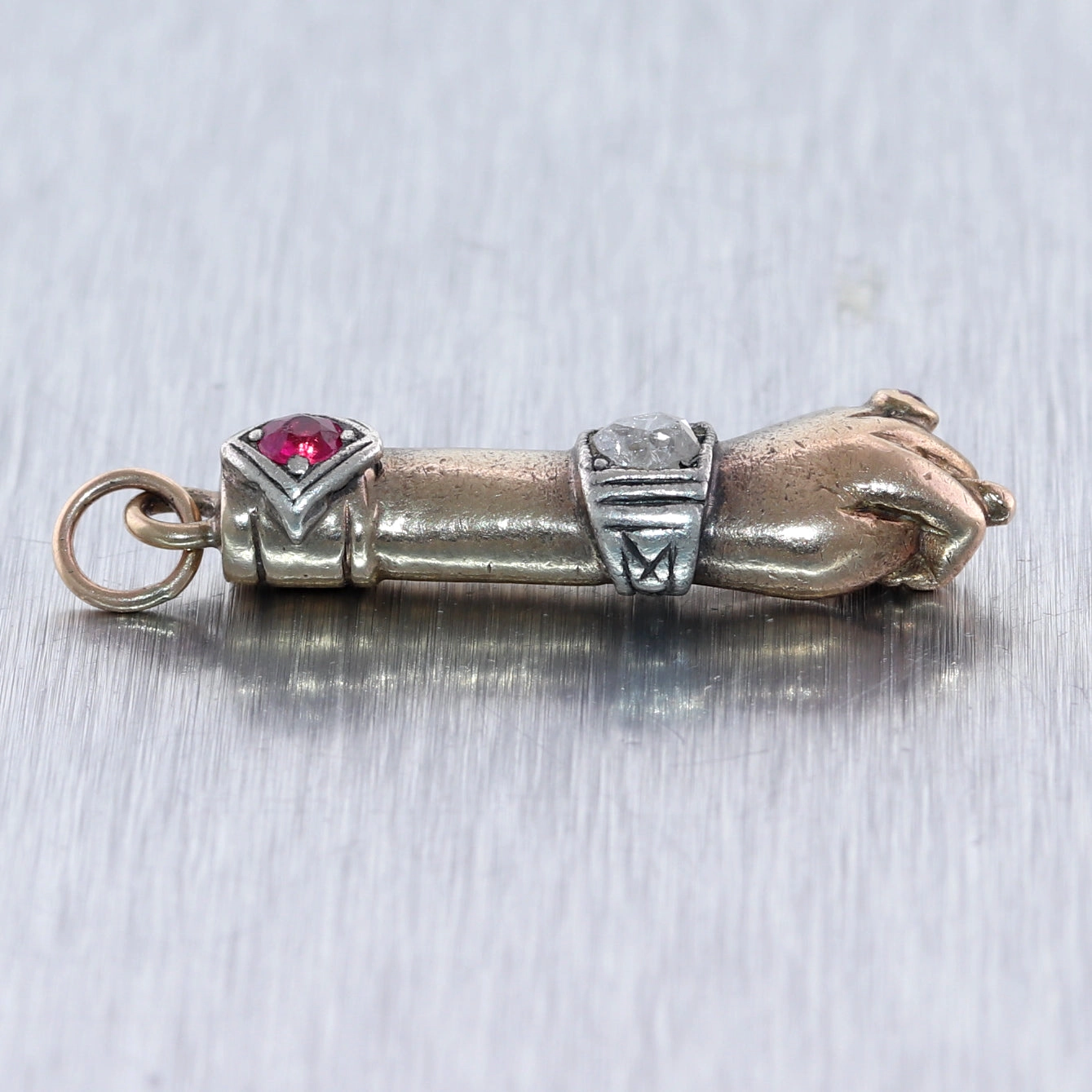 1930's Antique Art Deco 18k Yellow & White Gold Rose Cut Diamond Fist Pendant