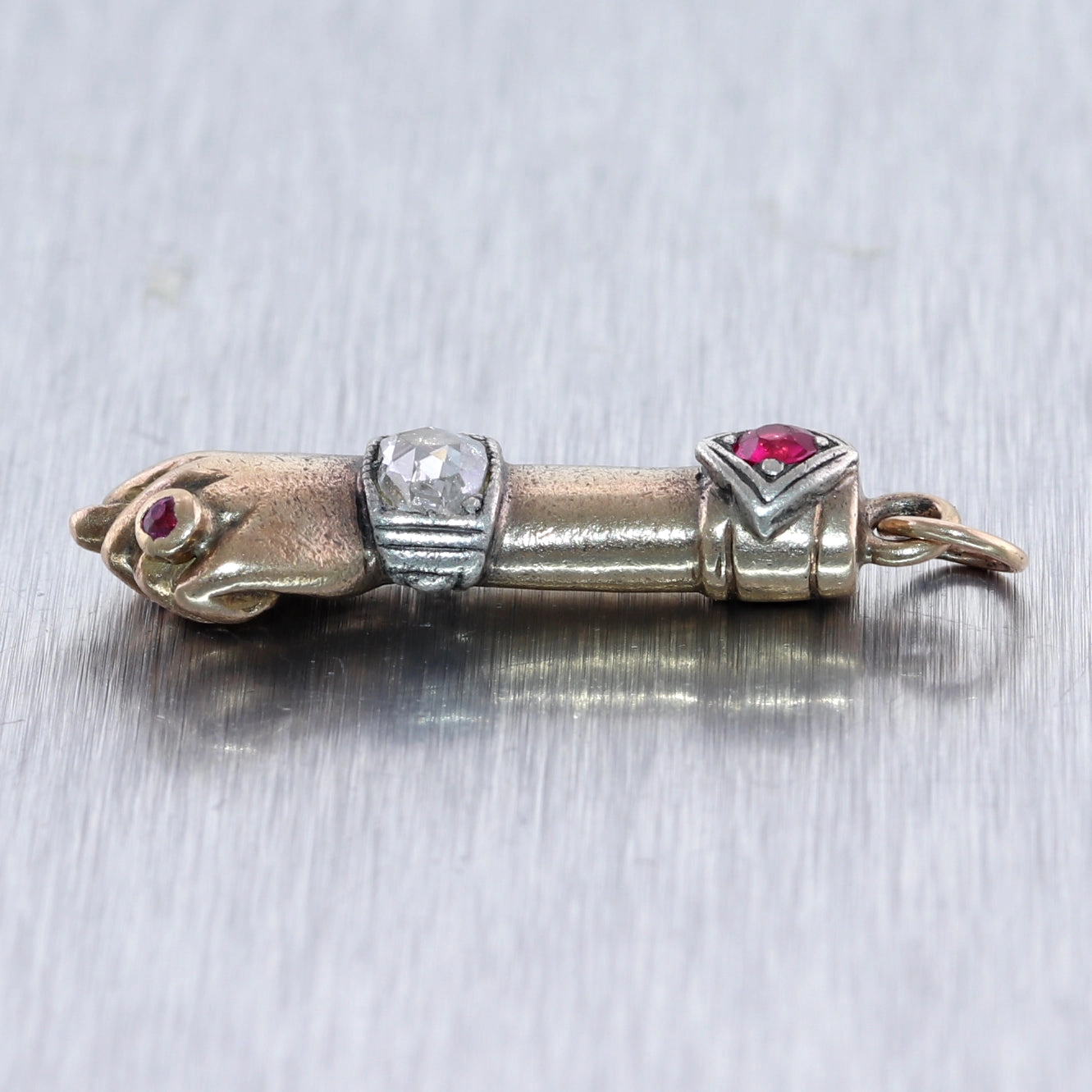 1930's Antique Art Deco 18k Yellow & White Gold Rose Cut Diamond Fist Pendant