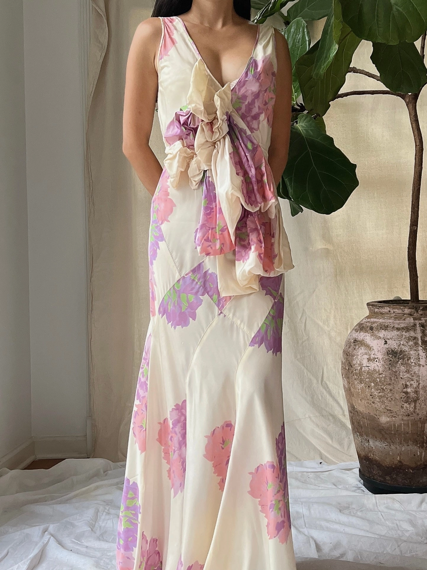 1930s Floral Taffeta Dress - S