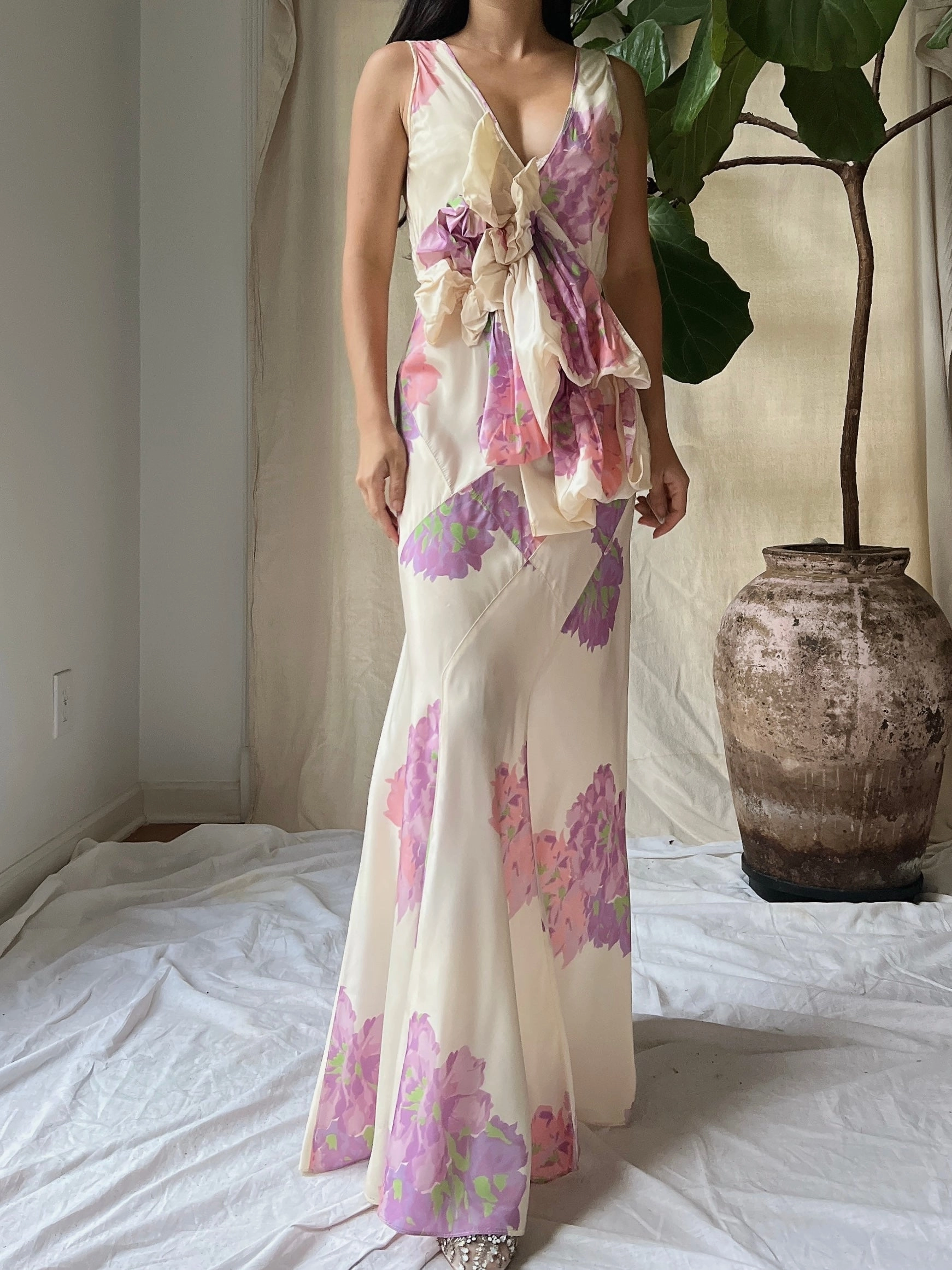 1930s Floral Taffeta Dress - S