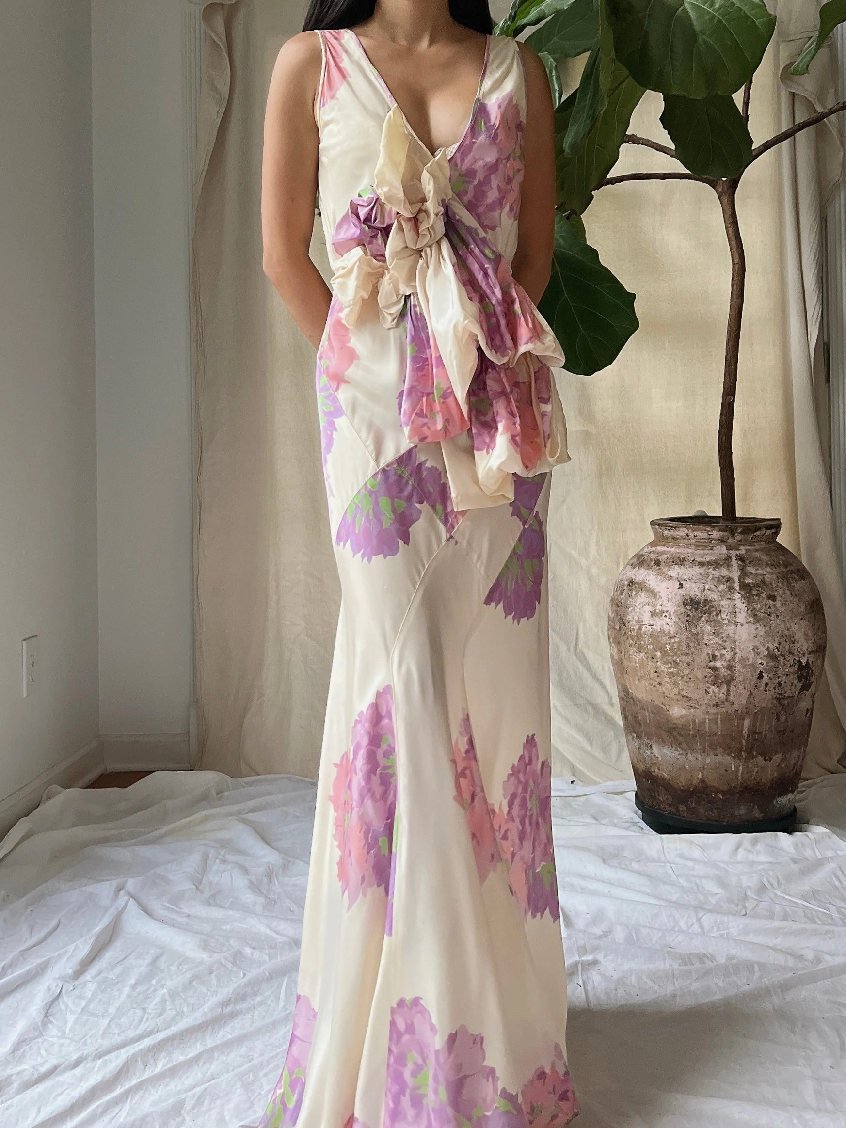 1930s Floral Taffeta Dress - S