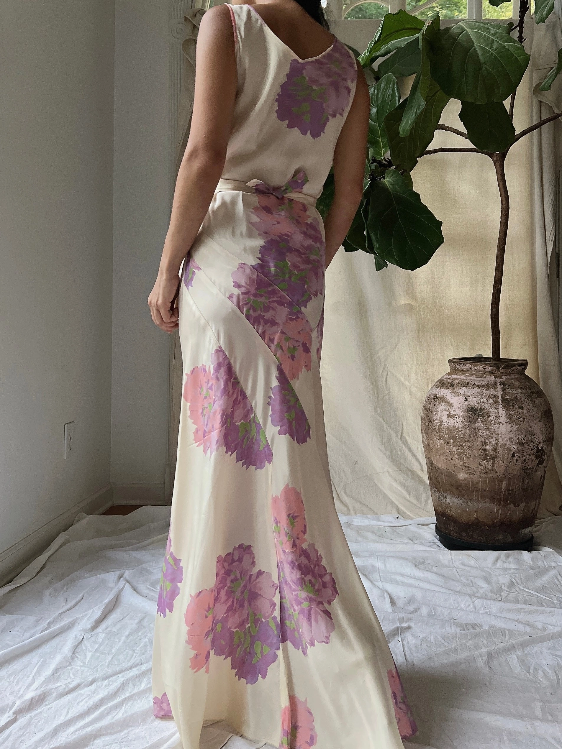 1930s Floral Taffeta Dress - S