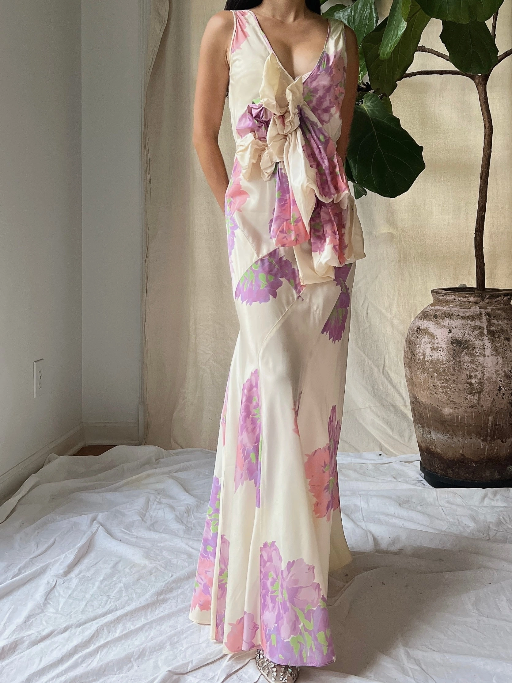 1930s Floral Taffeta Dress - S