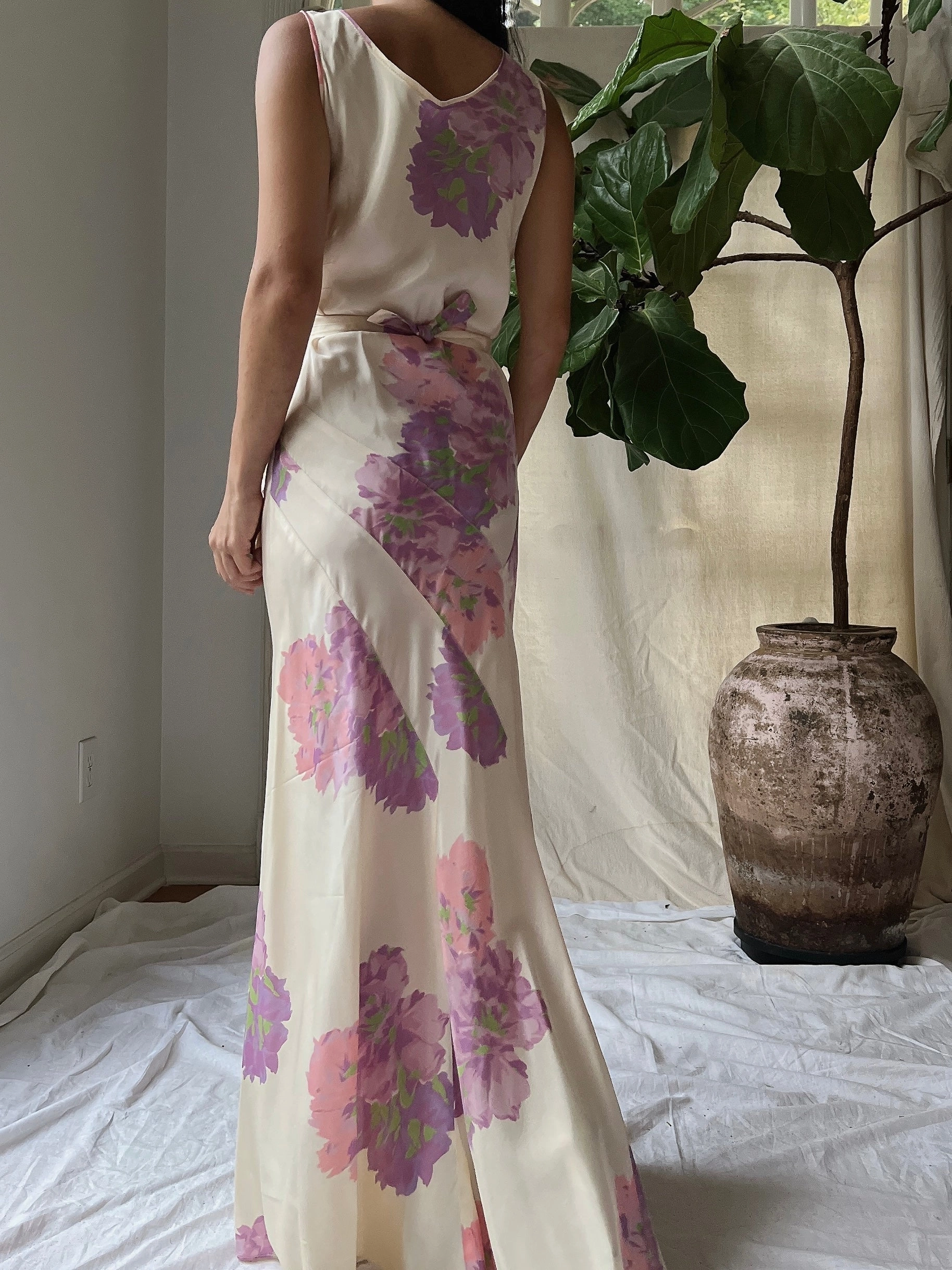 1930s Floral Taffeta Dress - S
