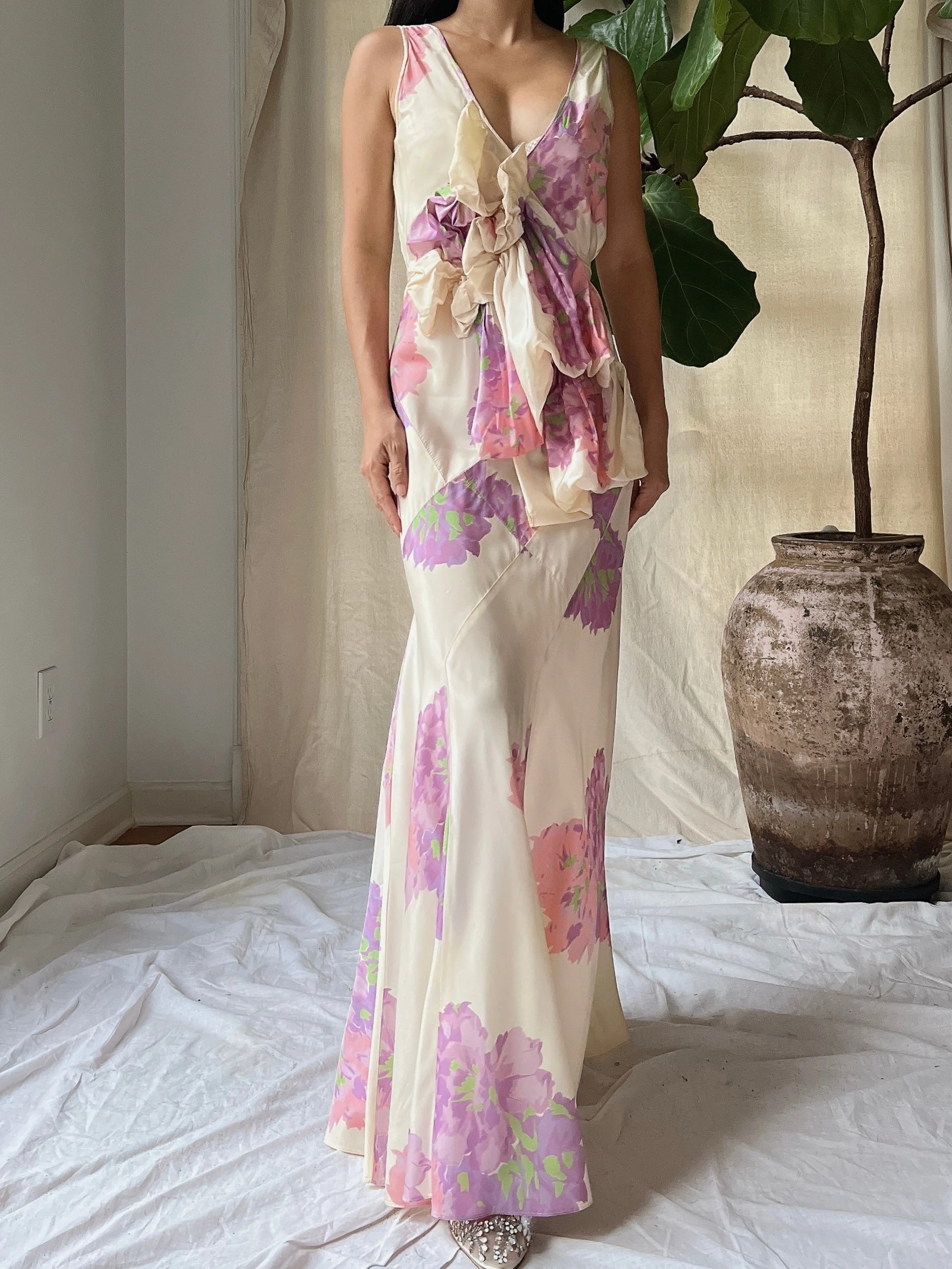 1930s Floral Taffeta Dress - S