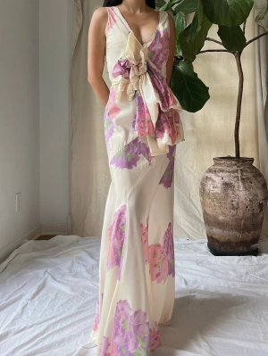 1930s Floral Taffeta Dress - S