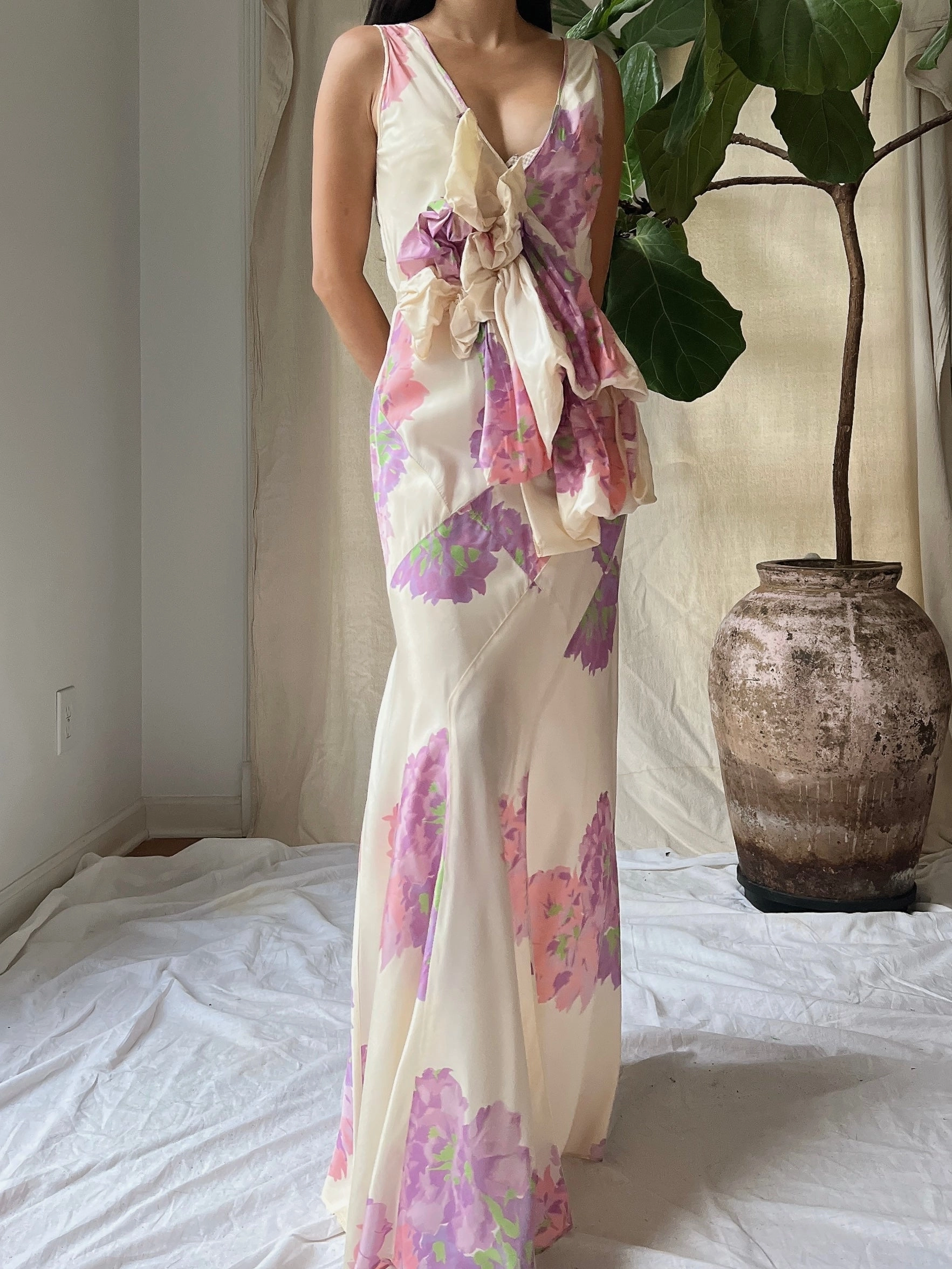 1930s Floral Taffeta Dress - S