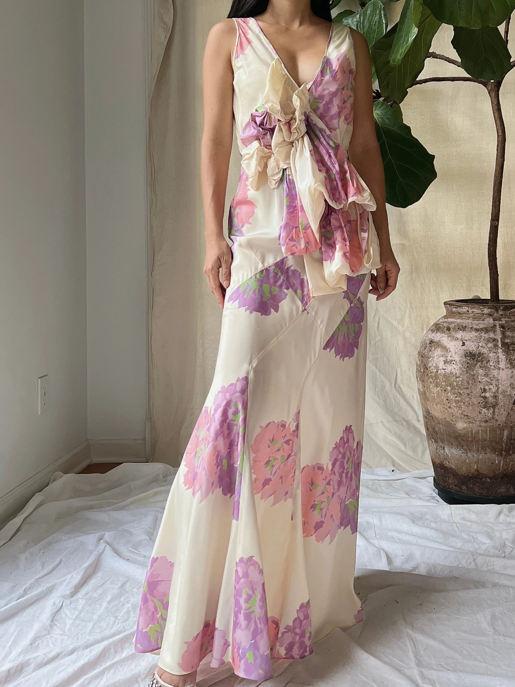 1930s Floral Taffeta Dress - S