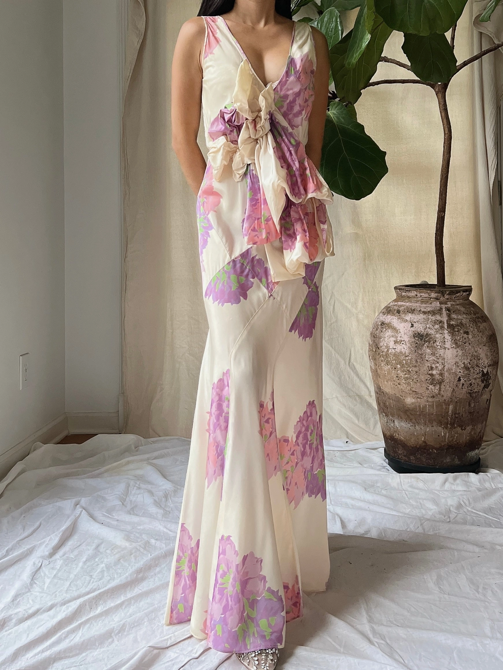 1930s Floral Taffeta Dress - S