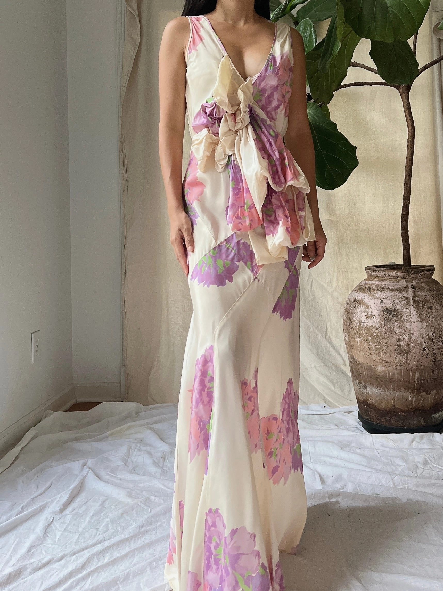 1930s Floral Taffeta Dress - S