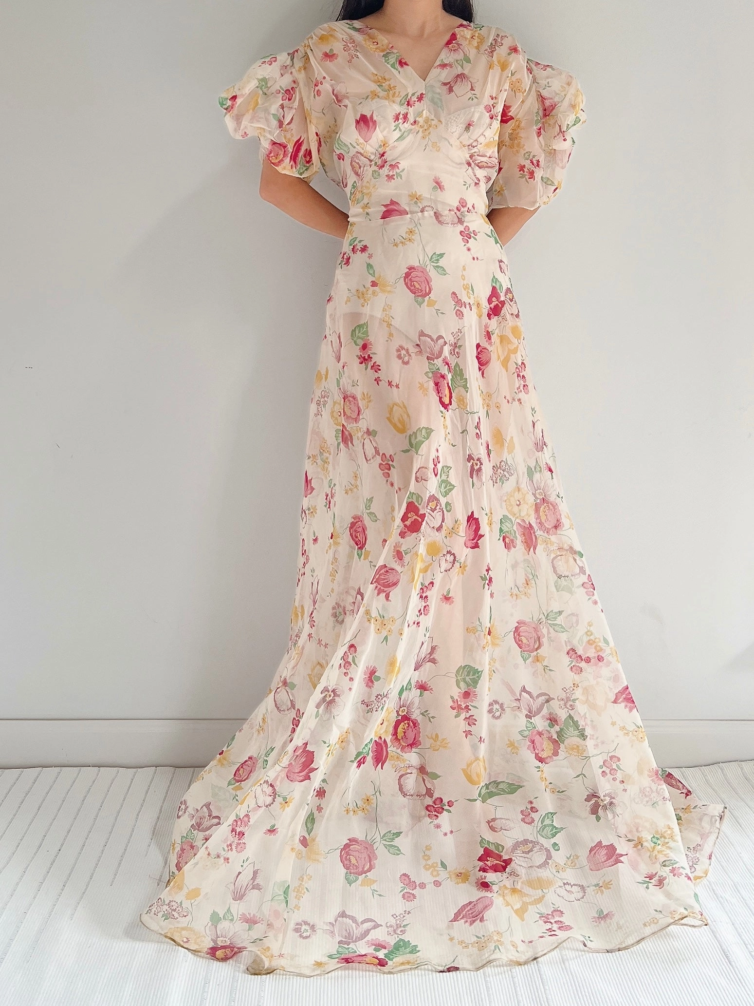 1930s Organza Floral Dress - S/M