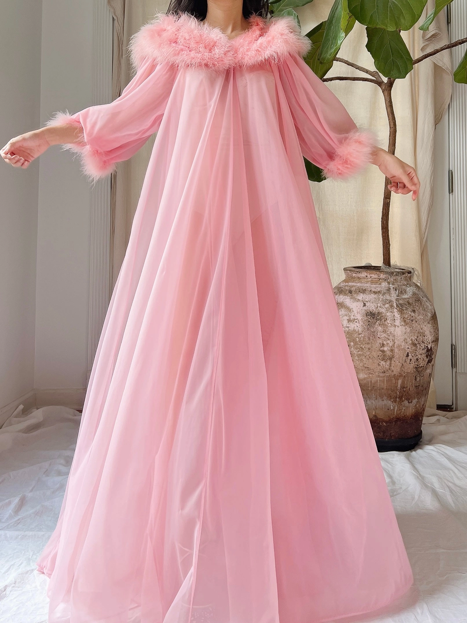 1960s Feather Nylon Dressing Gown - OSFM
