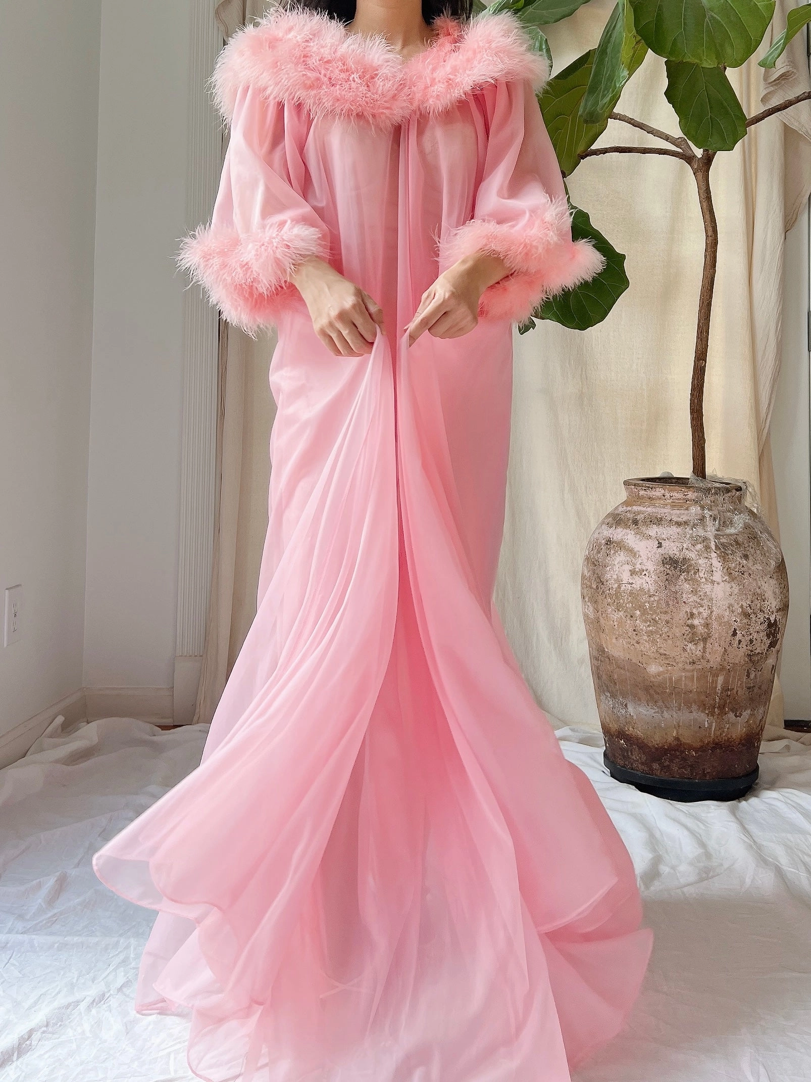 1960s Feather Nylon Dressing Gown - OSFM