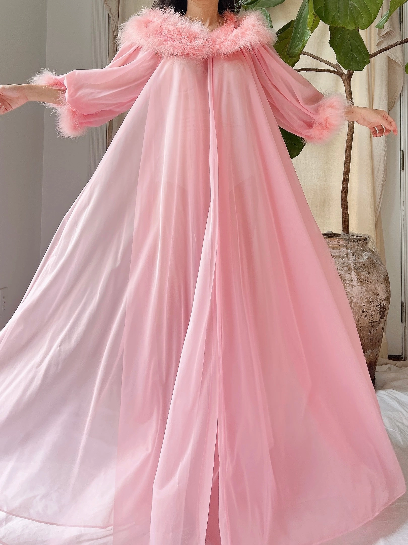 1960s Feather Nylon Dressing Gown - OSFM
