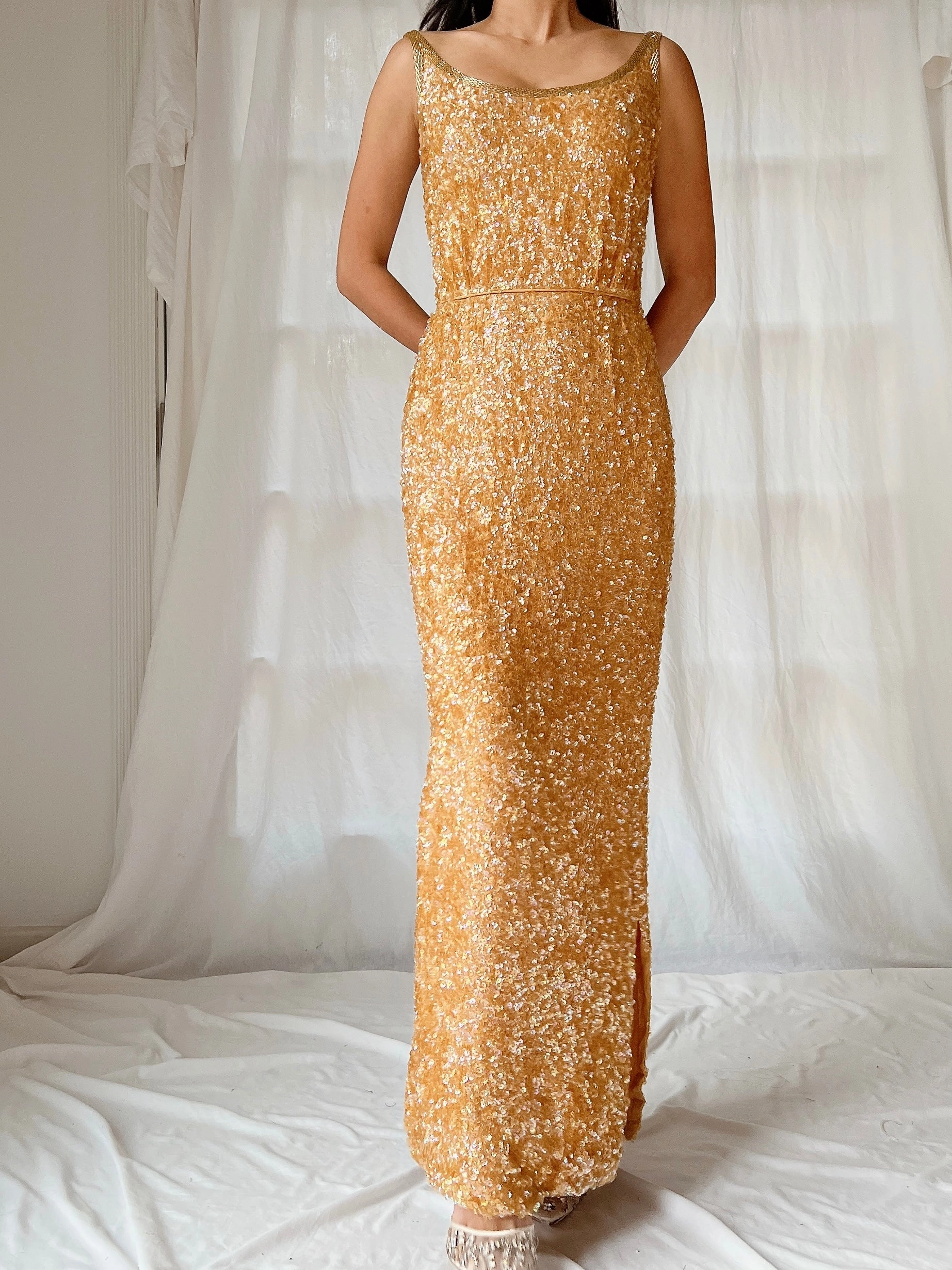 1960s Marigold Silk Sequins Dress - XS/2