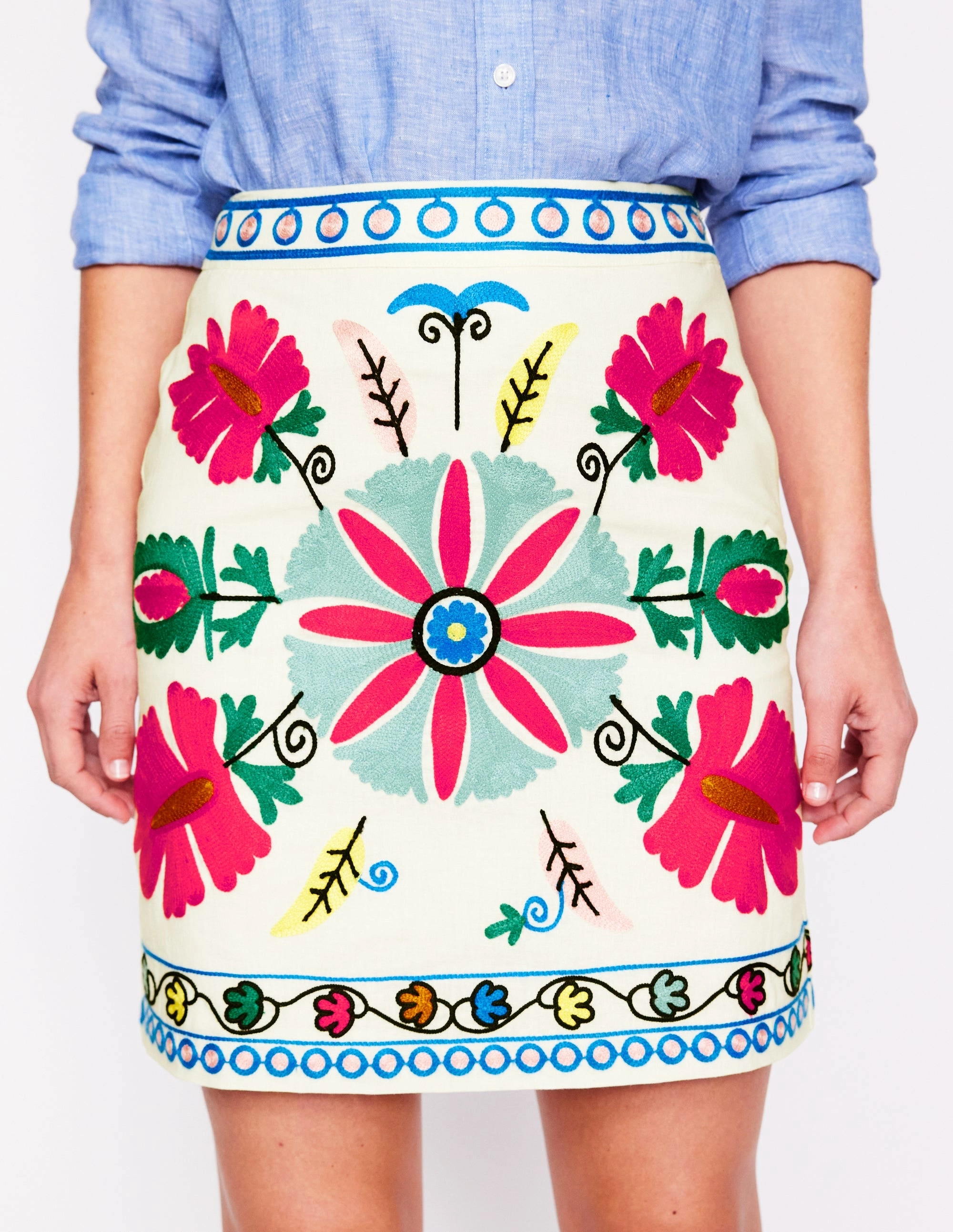Aline Embroidered Linen Skirt-Ivory Embroidery