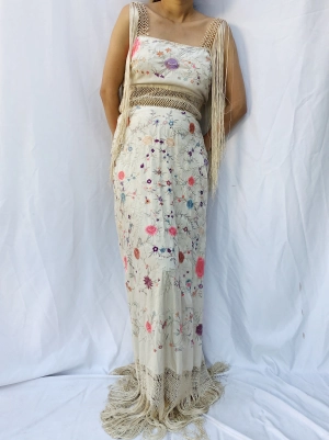 Antique Embroidered Dress with Crochet Straps - S
