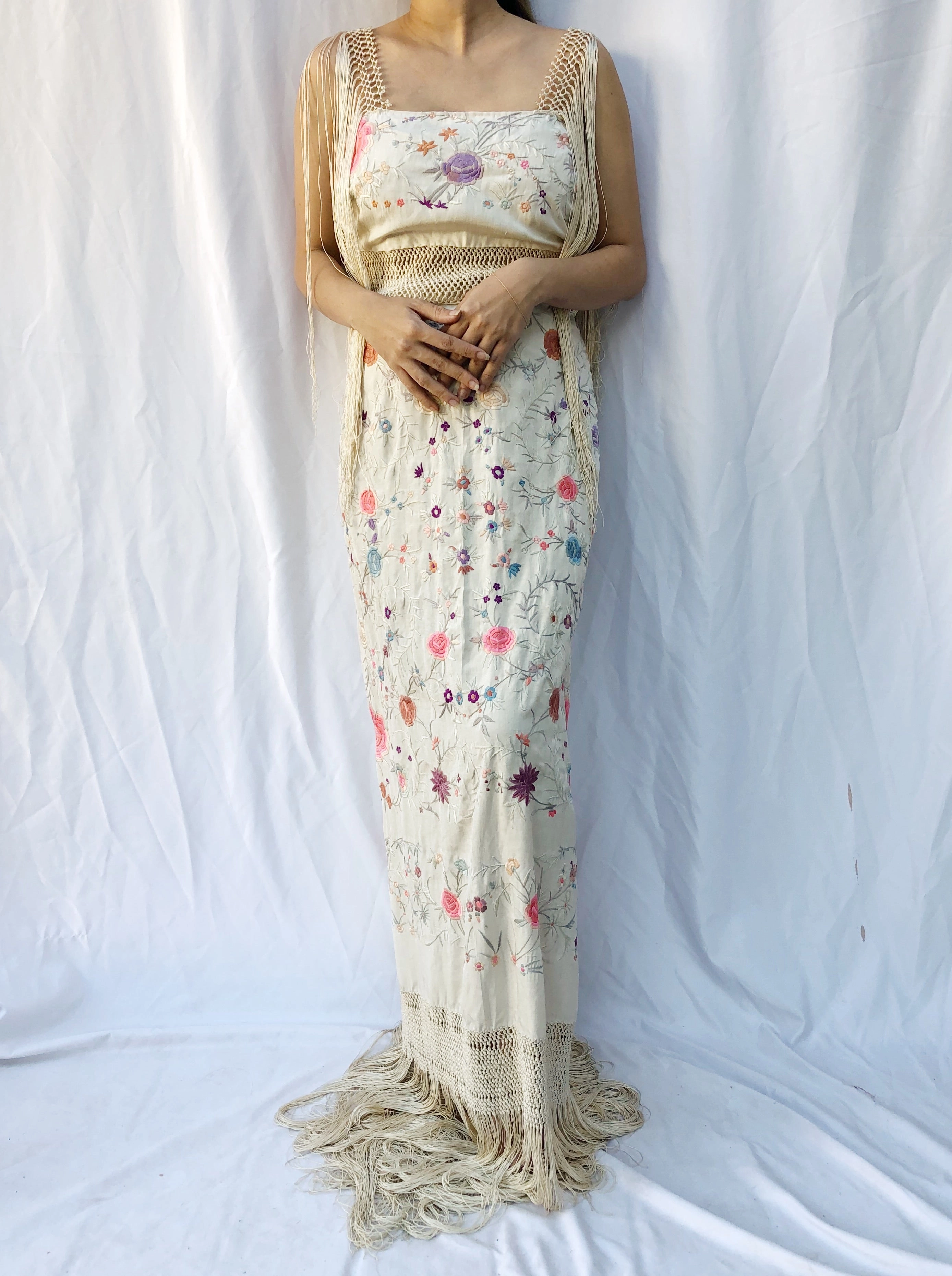 Antique Embroidered Dress with Crochet Straps - S