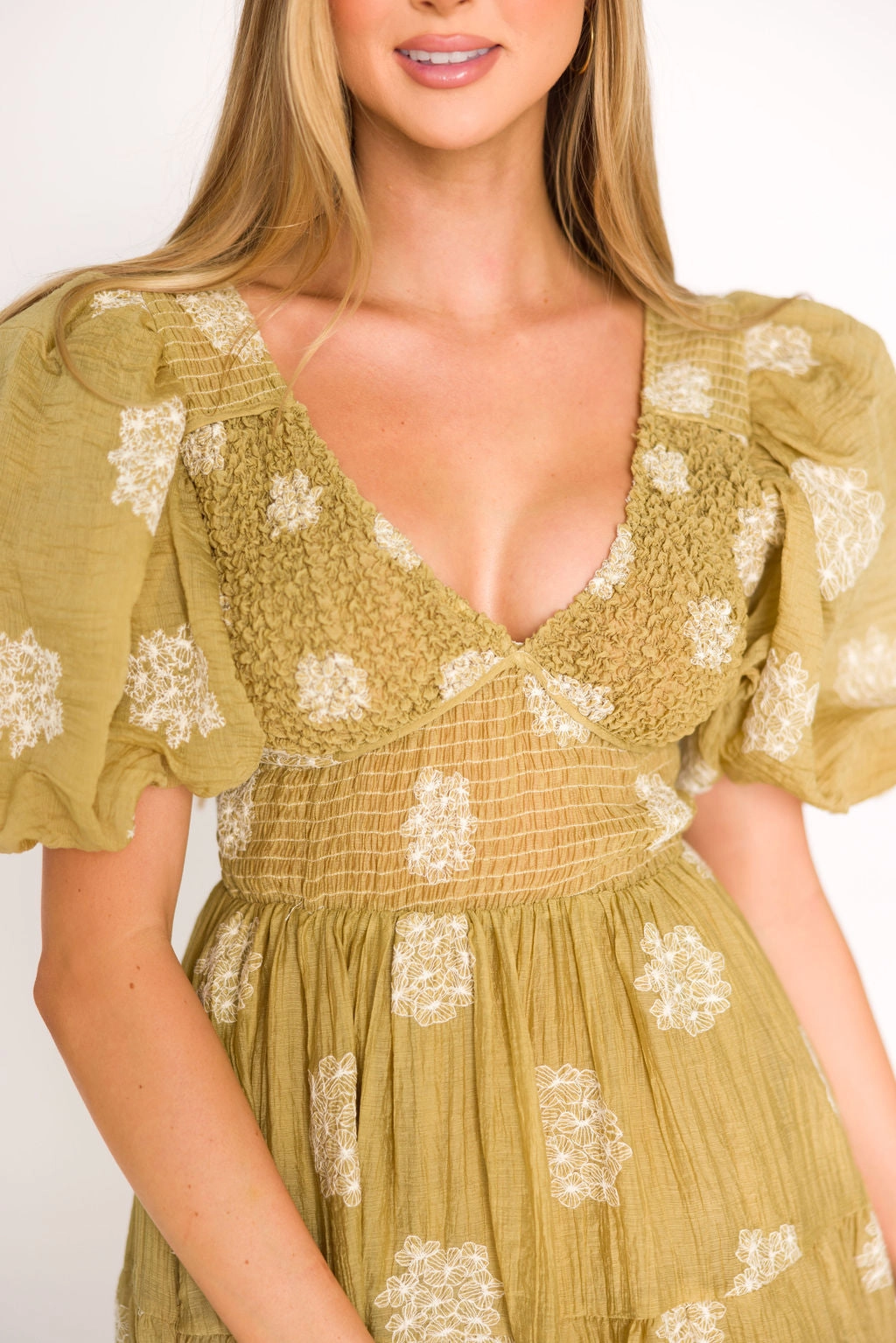 Archer Embroidered Floral Puff Sleeve Midi Dress in Olive