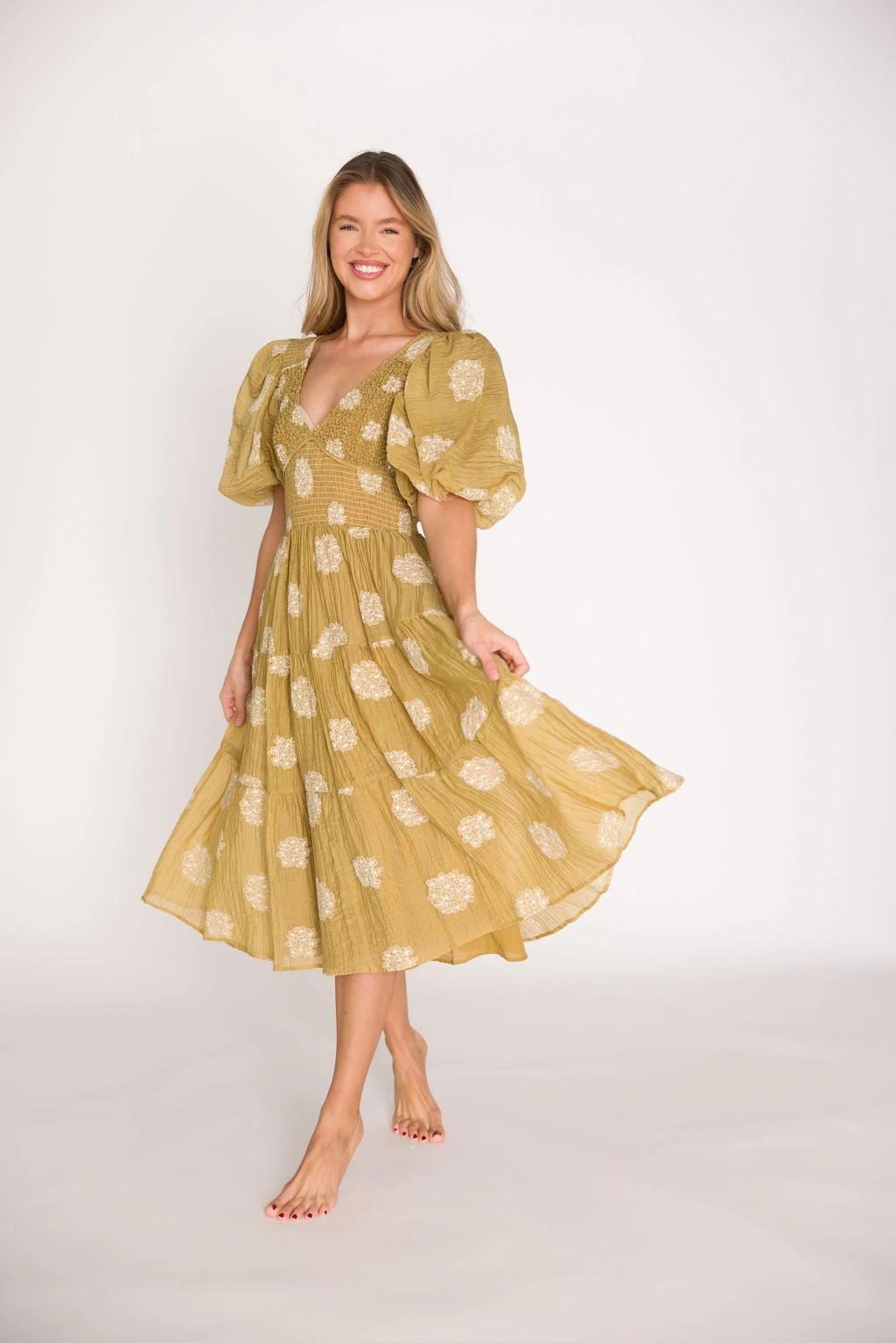 Archer Embroidered Floral Puff Sleeve Midi Dress in Olive