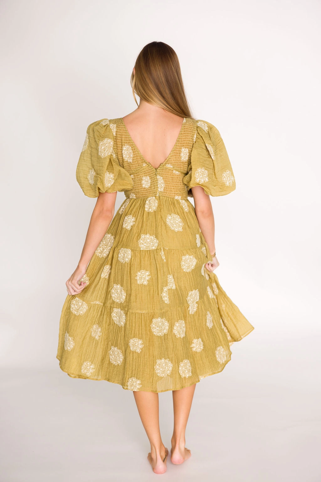 Archer Embroidered Floral Puff Sleeve Midi Dress in Olive