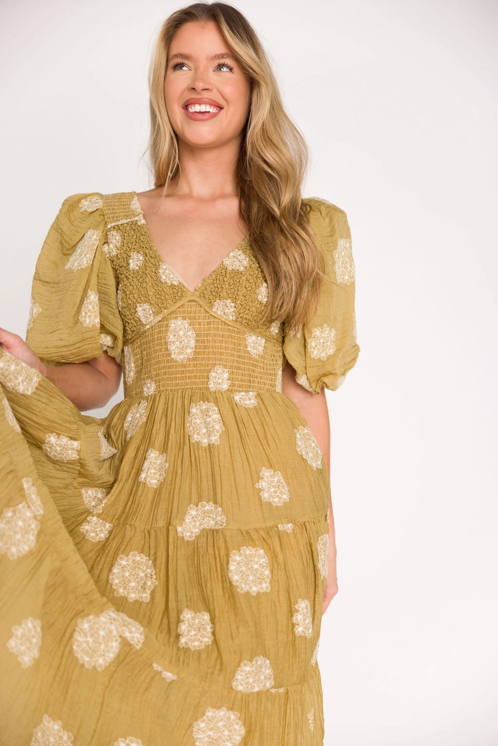 Archer Embroidered Floral Puff Sleeve Midi Dress in Olive