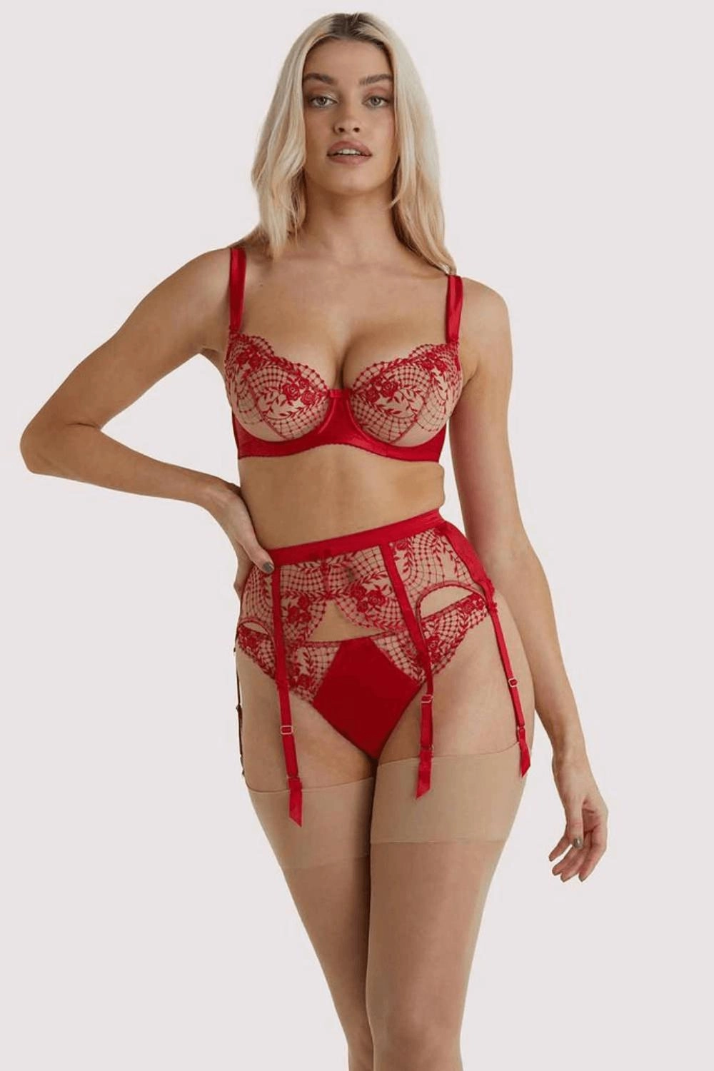 Dita Von Teese Julie's Roses Sheer Suspender Belt Roses Red