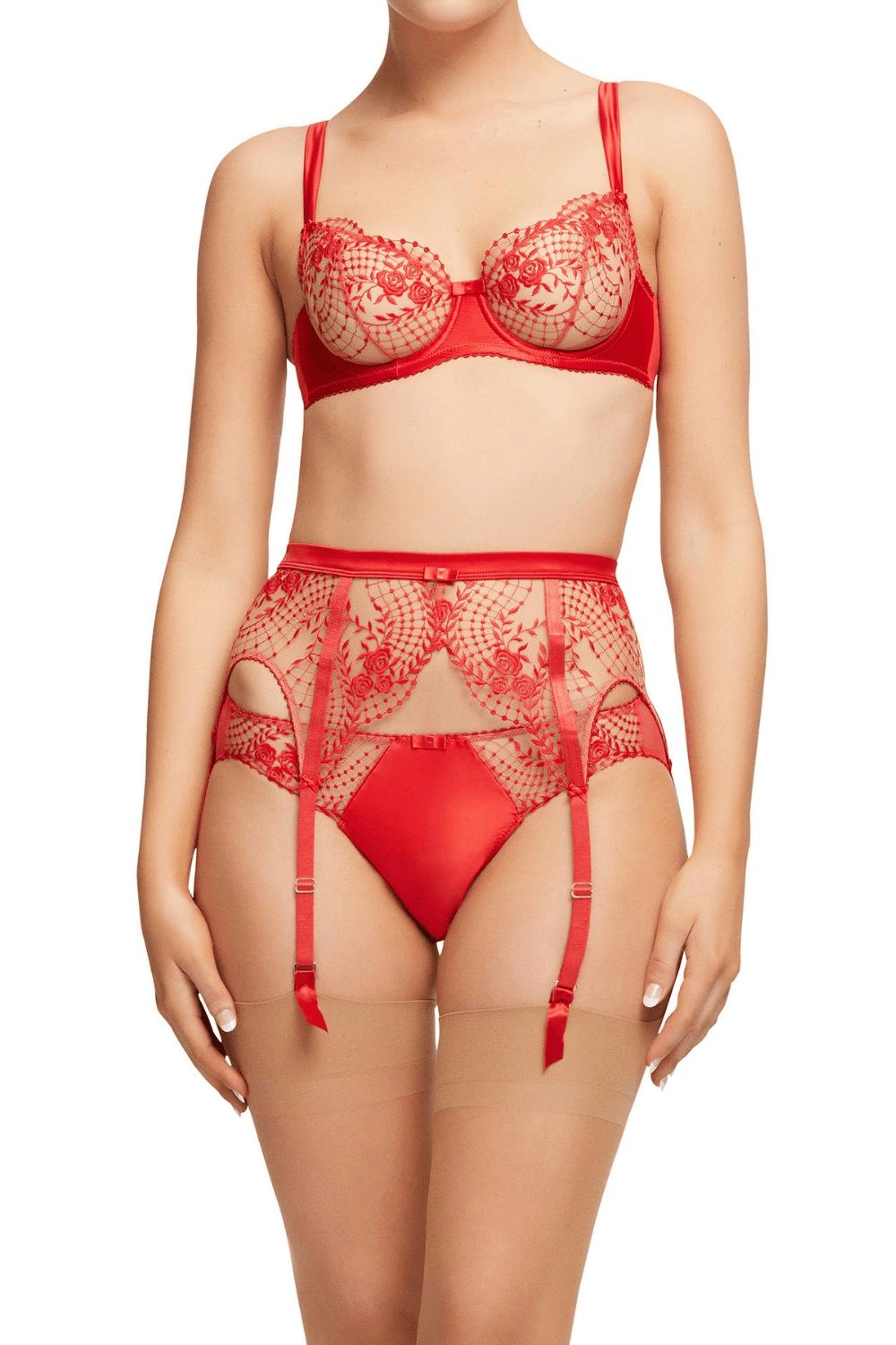 Dita Von Teese Julie's Roses Sheer Suspender Belt Roses Red