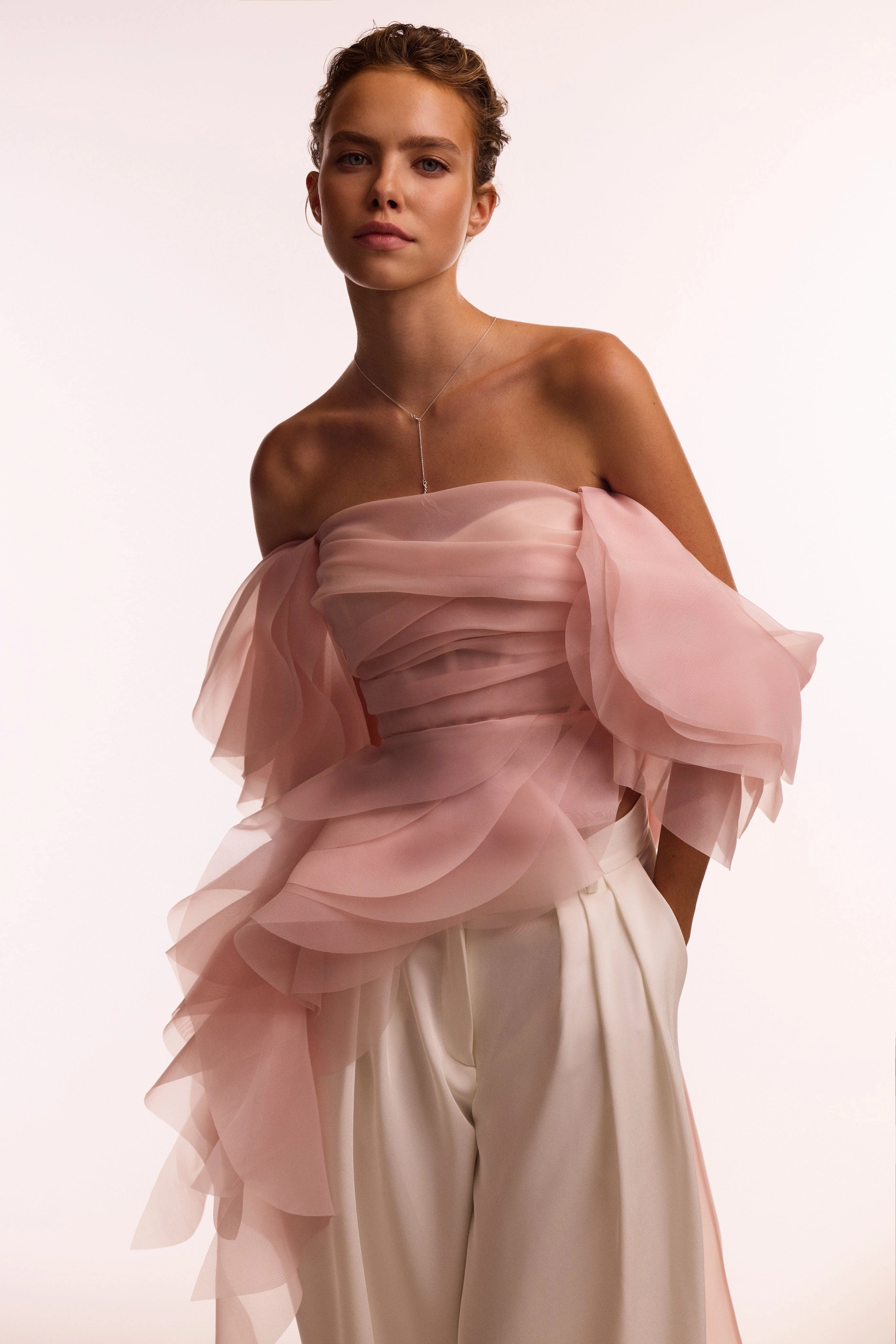 Dreamy off-shoulder blouse with meringue flounces in misty rose, Midnight Walk