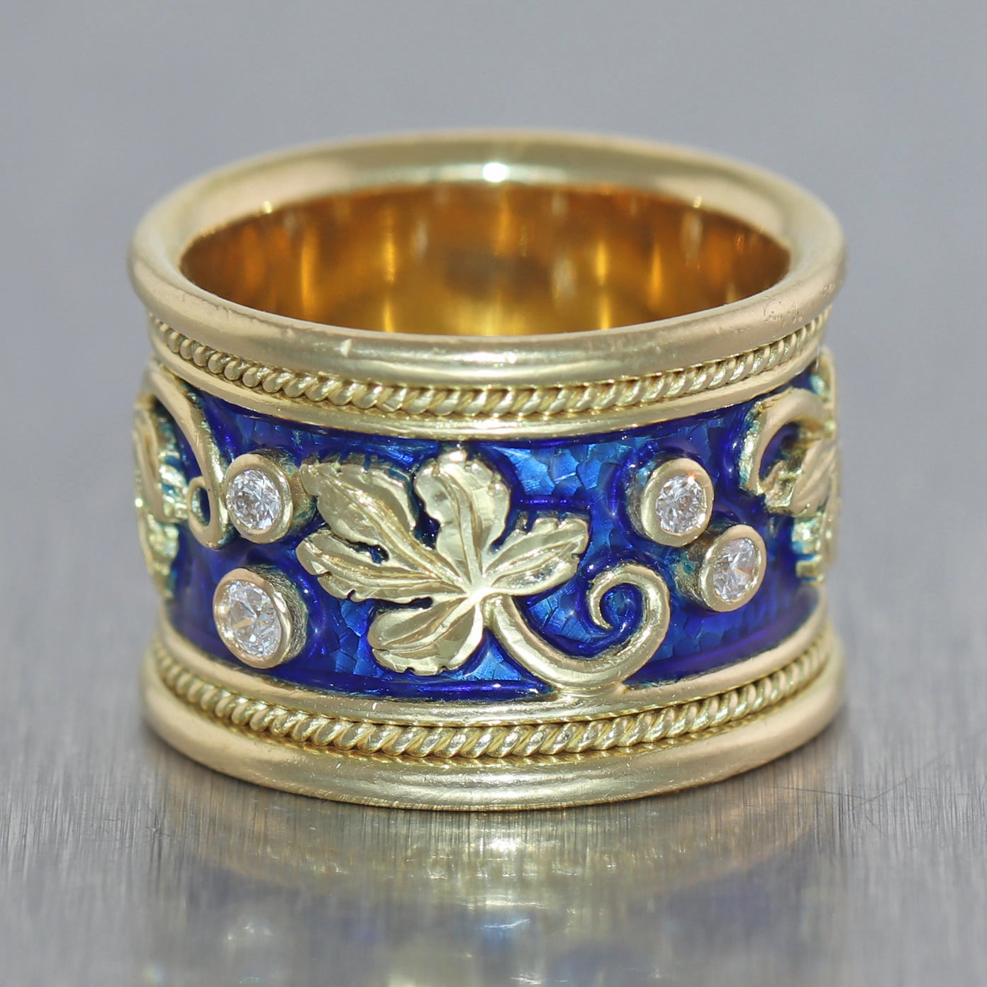 Elizabeth Gage 18k Yellow Gold Templar Collection Diamond Vine Leaf Ring