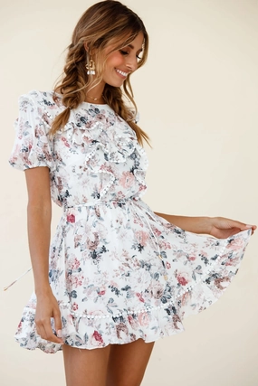 Finders Keepers Ruffle Trim Lace-Up Back Dress Floral Print White