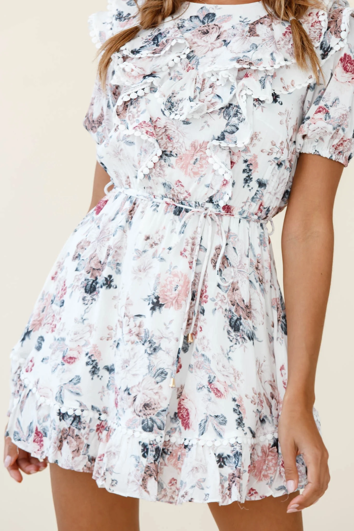 Finders Keepers Ruffle Trim Lace-Up Back Dress Floral Print White