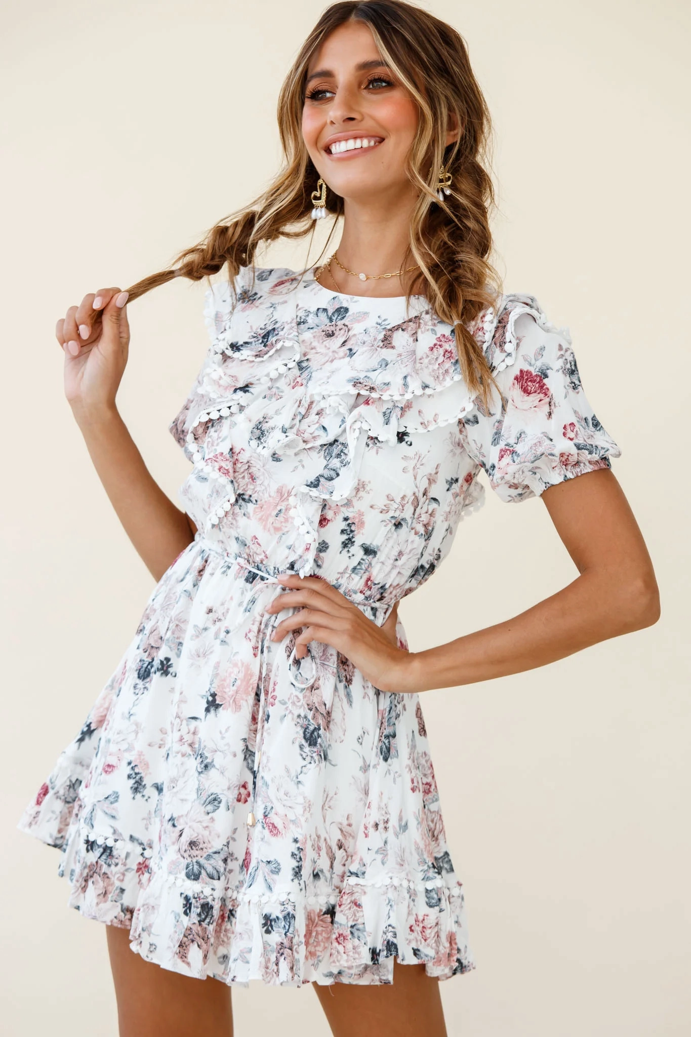 Finders Keepers Ruffle Trim Lace-Up Back Dress Floral Print White