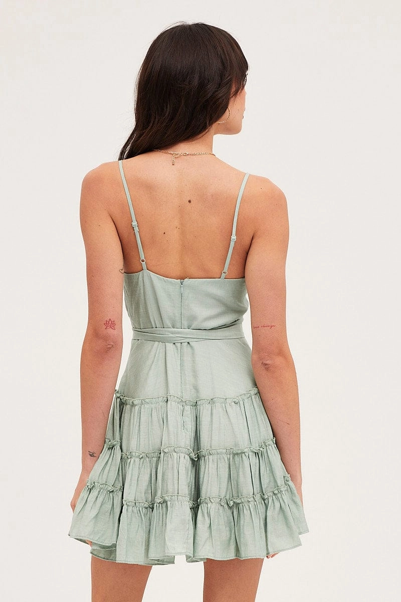 Green V Neck Frill Skater Dress
