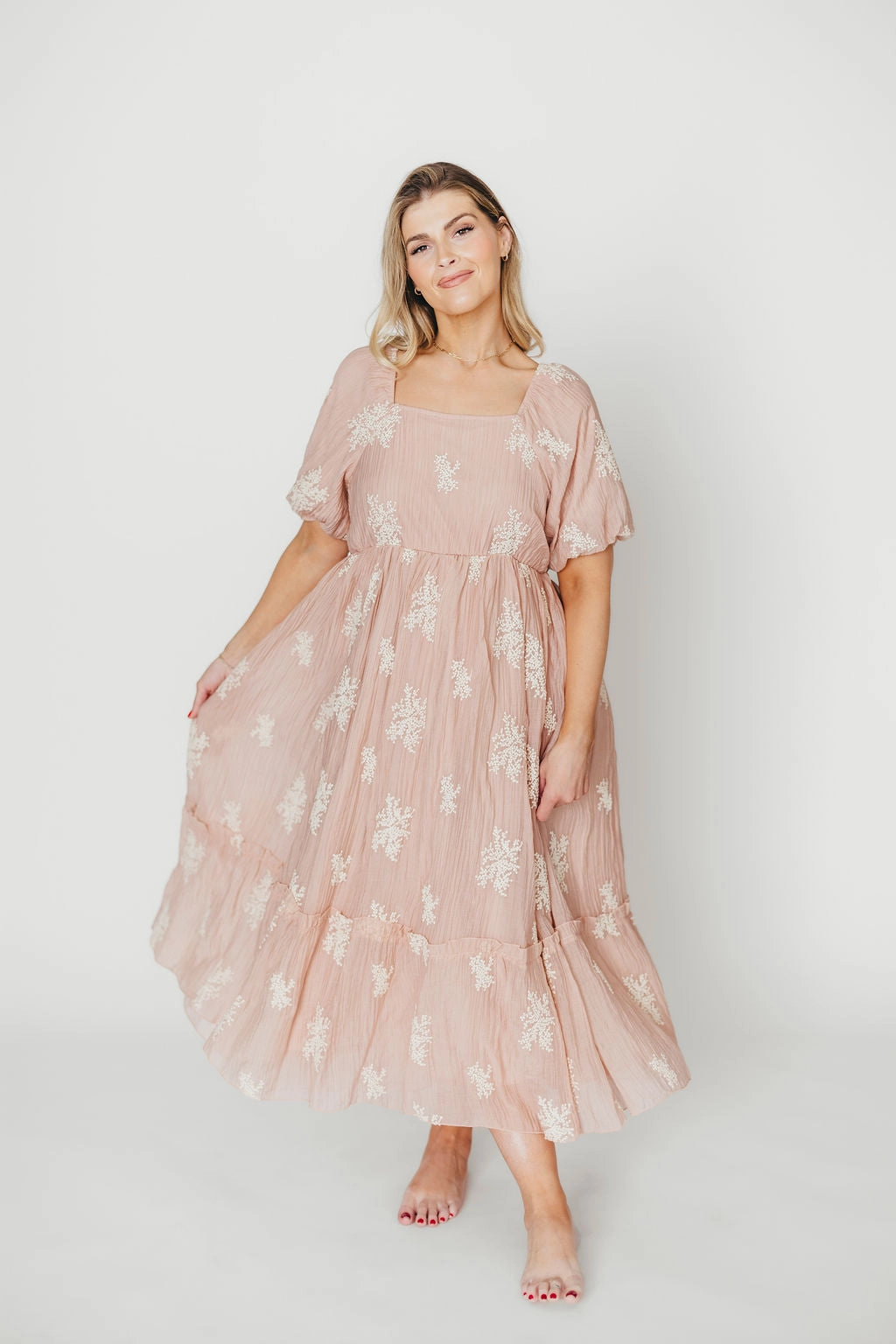 Hallie Embroidered Maxi Dress in Blush - Bump Friendly & Inclusive Sizing (S-3XL)