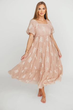 Hallie Embroidered Maxi Dress in Blush - Bump Friendly & Inclusive Sizing (S-3XL)