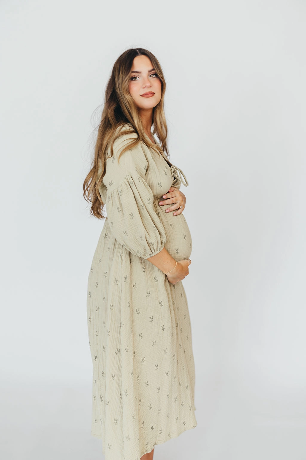 Hunter 100% Cotton Gauze Midi Dress in Thyme/Sage Foliage - Bump Friendly and Inclusive Sizing (Restocking in April)