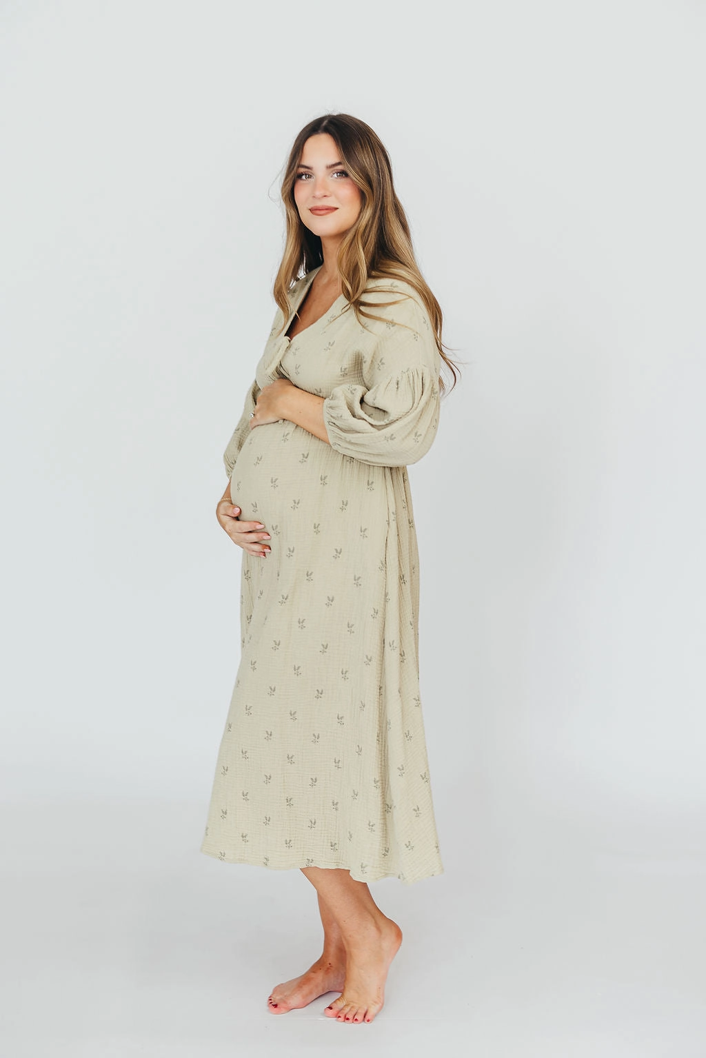 Hunter 100% Cotton Gauze Midi Dress in Thyme/Sage Foliage - Bump Friendly and Inclusive Sizing (Restocking in April)