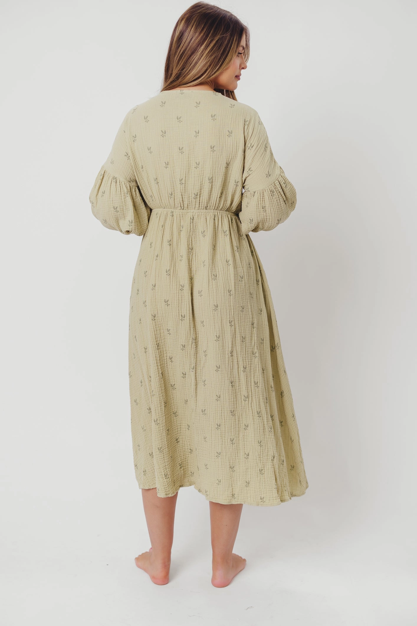 Hunter 100% Cotton Gauze Midi Dress in Thyme/Sage Foliage - Bump Friendly and Inclusive Sizing (Restocking in April)