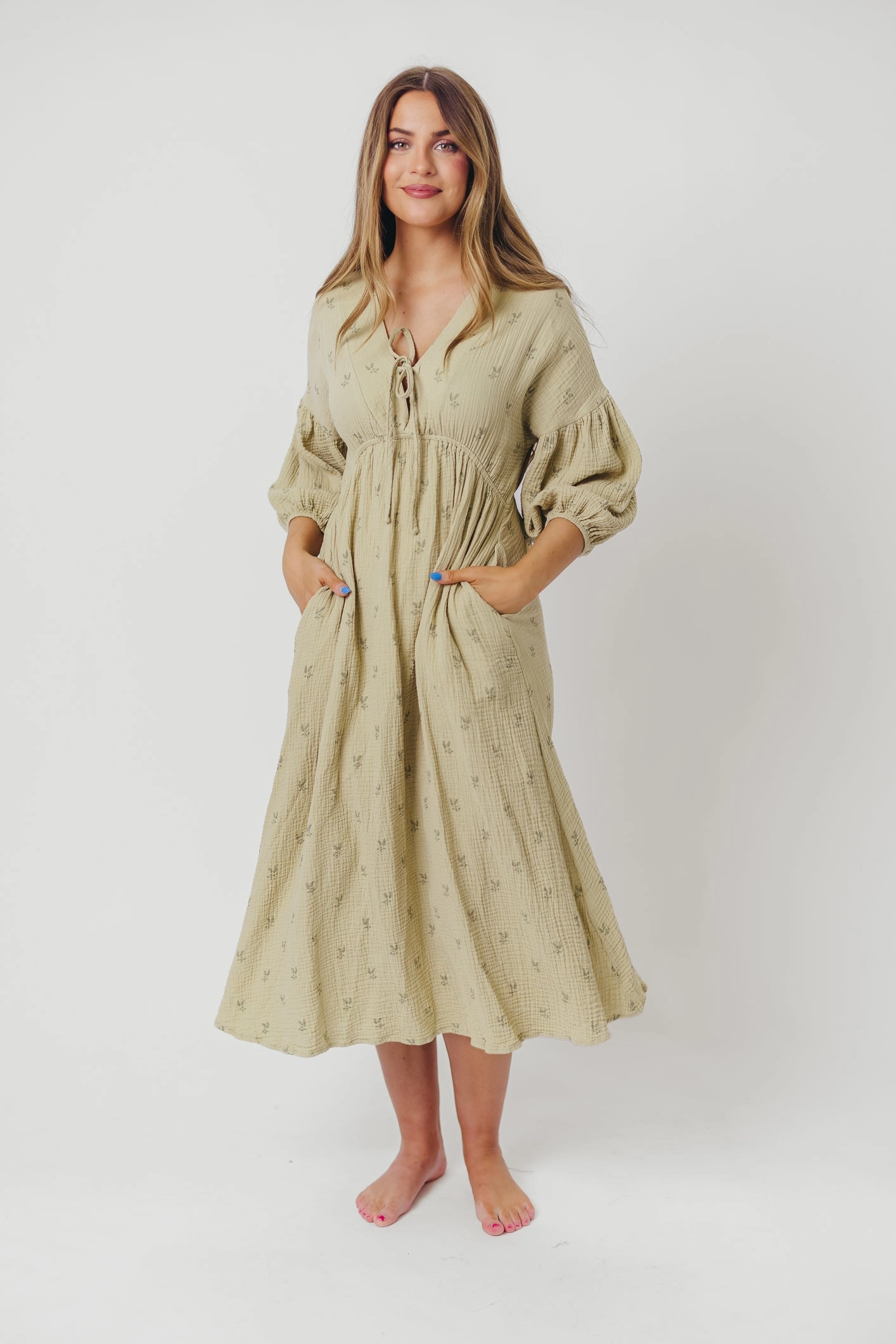 Hunter 100% Cotton Gauze Midi Dress in Thyme/Sage Foliage - Bump Friendly and Inclusive Sizing (Restocking in April)