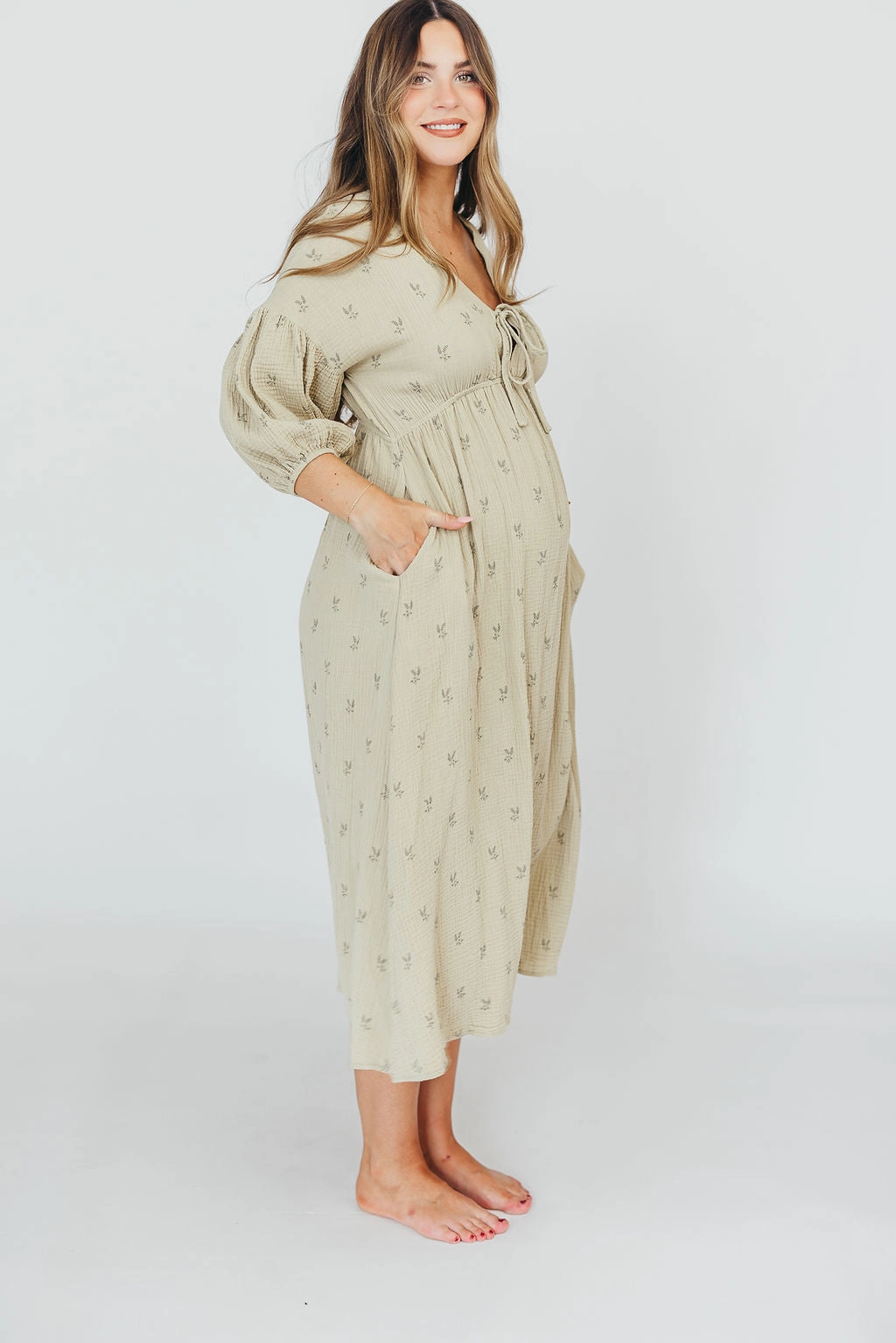 Hunter 100% Cotton Gauze Midi Dress in Thyme/Sage Foliage - Bump Friendly and Inclusive Sizing (Restocking in April)