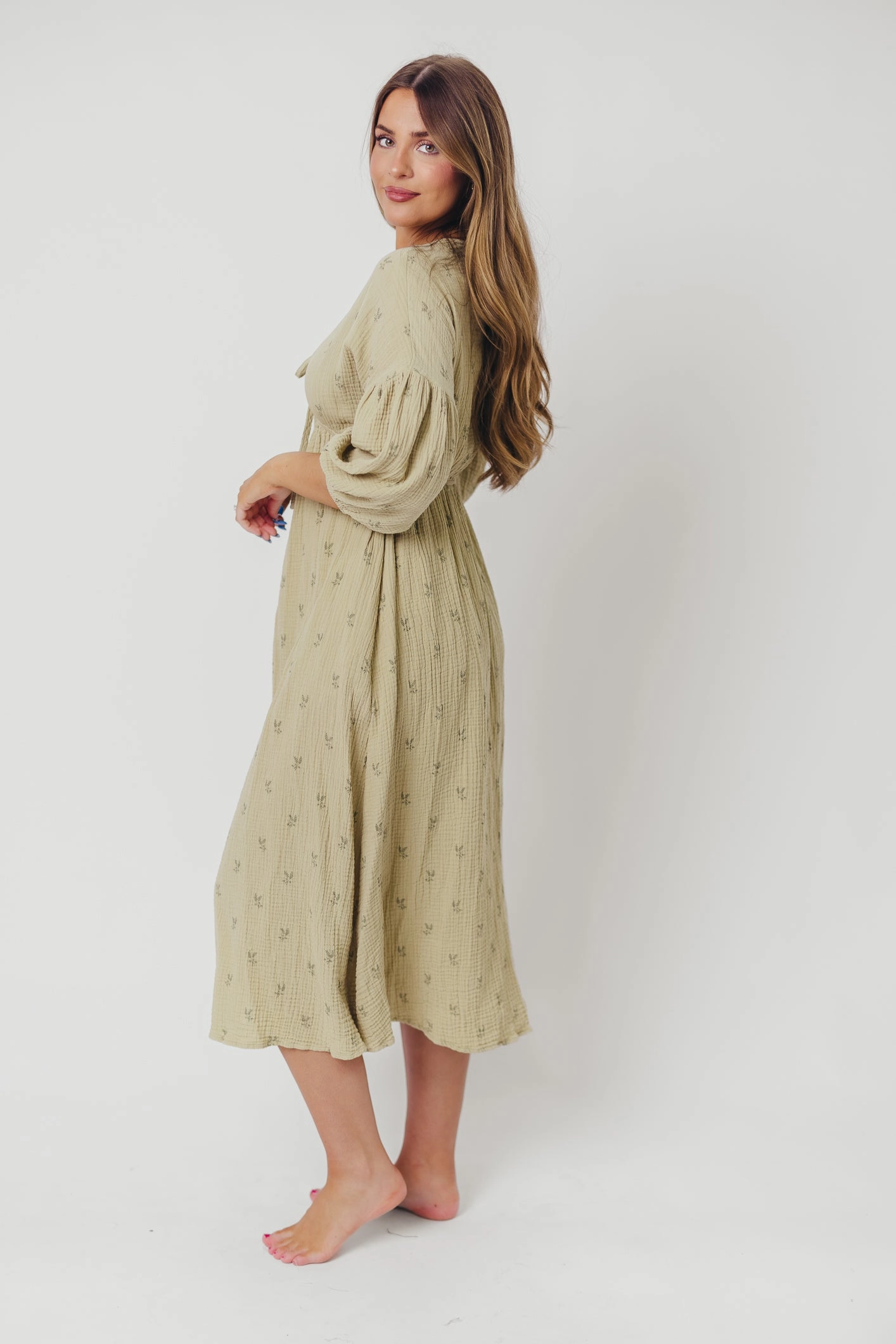 Hunter 100% Cotton Gauze Midi Dress in Thyme/Sage Foliage - Bump Friendly and Inclusive Sizing (Restocking in April)