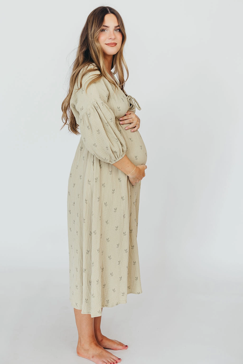 Hunter 100% Cotton Gauze Midi Dress in Thyme/Sage Foliage - Bump Friendly and Inclusive Sizing (Restocking in April)