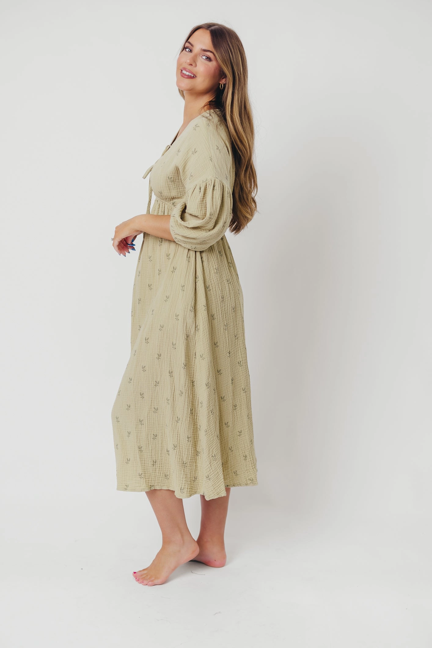 Hunter 100% Cotton Gauze Midi Dress in Thyme/Sage Foliage - Bump Friendly and Inclusive Sizing (Restocking in April)