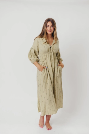 Hunter 100% Cotton Gauze Midi Dress in Thyme/Sage Foliage - Bump Friendly and Inclusive Sizing (Restocking in April)
