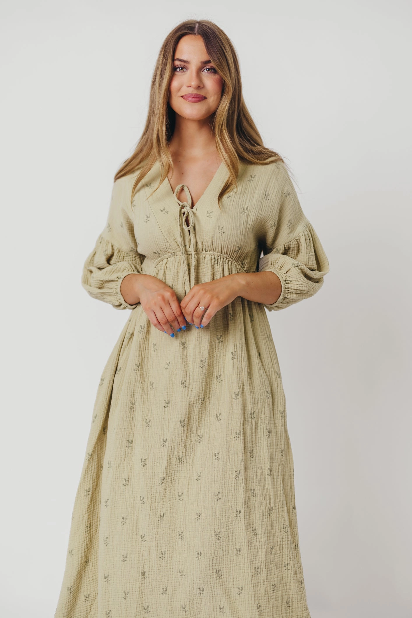 Hunter 100% Cotton Gauze Midi Dress in Thyme/Sage Foliage - Bump Friendly and Inclusive Sizing (Restocking in April)