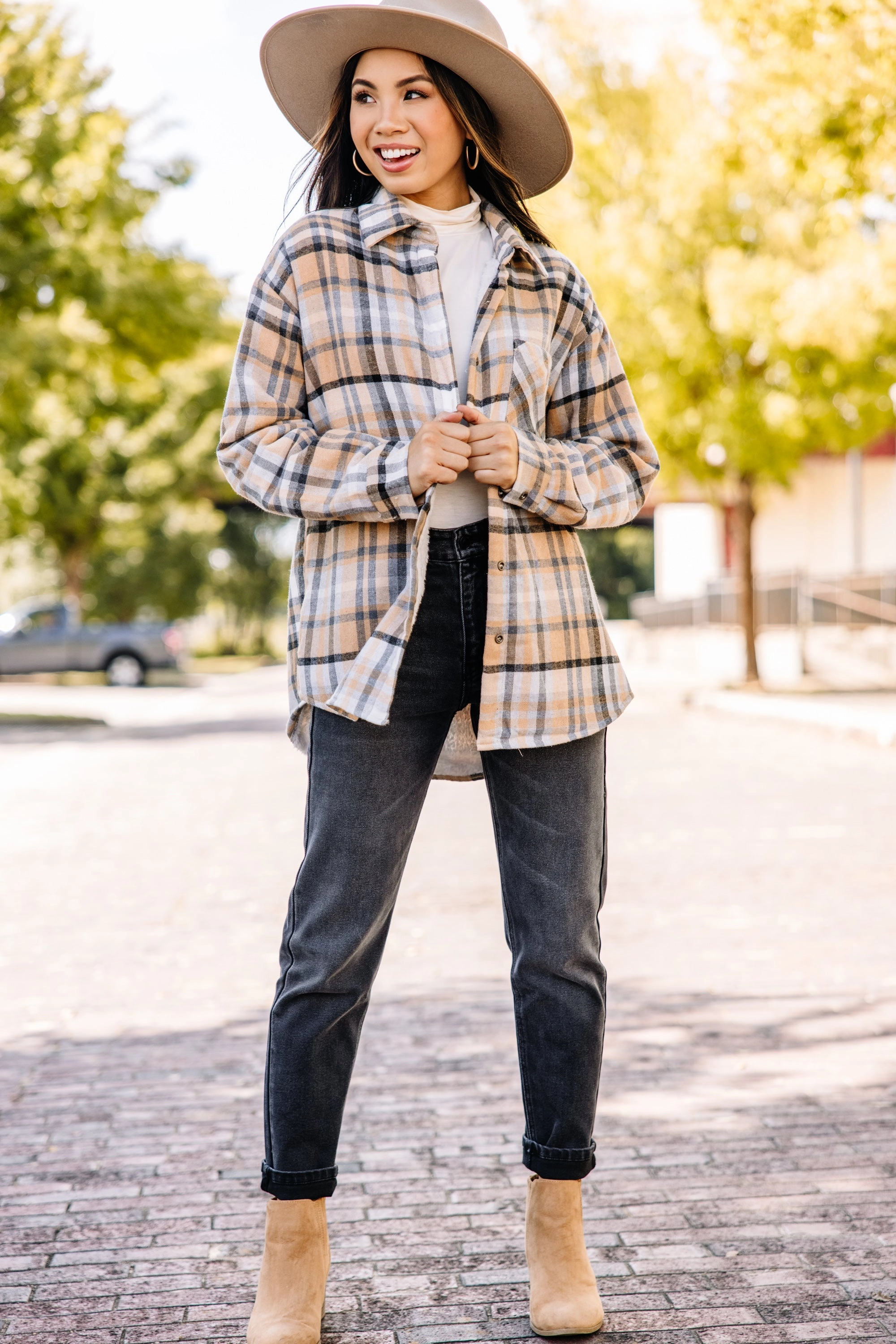 Living The Dream Taupe Brown Plaid Shacket
