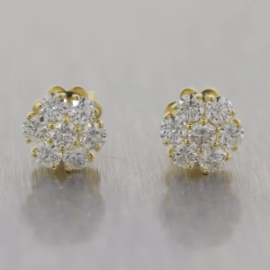 Modern 14k Yellow Gold 1.00ctw Diamond Flower Cluster Earrings