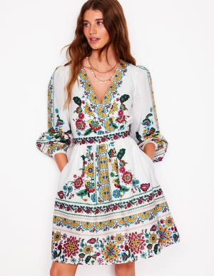 Mya Cotton Short Dress-Ivory. Botanical Sprig