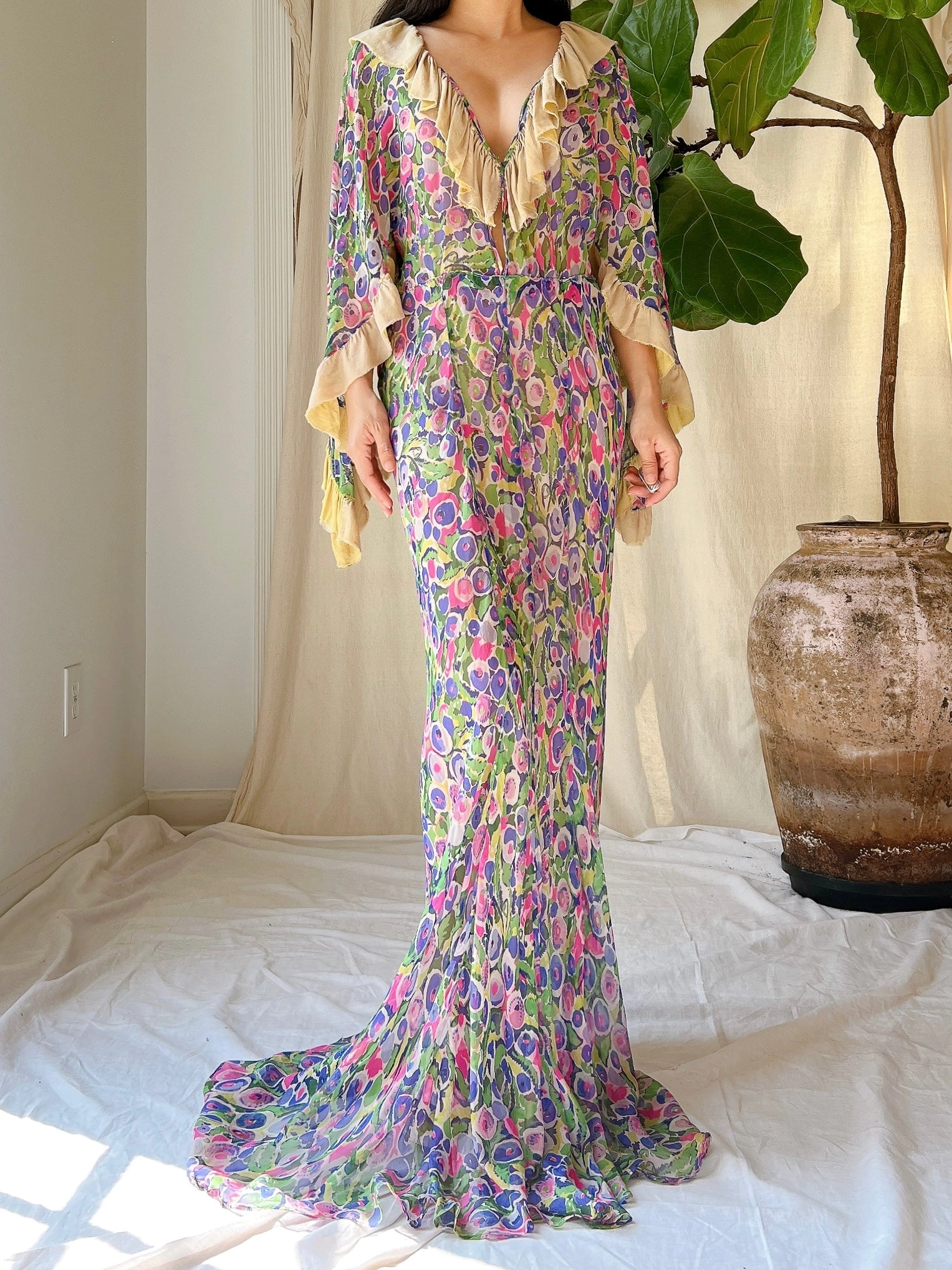 Rare 1930s Silk Chiffon Cape Sleeves Gown - S/M